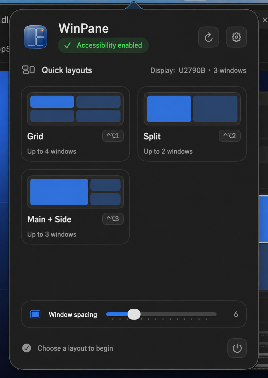 WinPane quick layouts popover